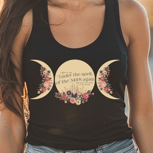 Celestial Moon Flowers Cottagecore Tank- Boho Folklore Botanical Racerback Top- Vintage Inspired- Enchanting Design- Whimsical Ethereal