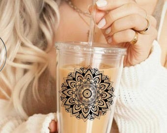 Hidden Anti Fascist FDT Reusable Tumbler, Subtle Fuck Trump Mandala Iced Coffee Cup, Protest Hot Cold Cup, Eco Friendly Feminist Art Gift