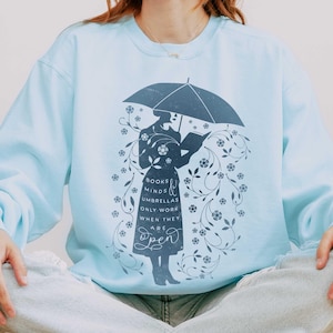 CHAMBRAY (dusty sky blue) cozy Comfort Colors® sweatshirt with vintage navy ink design, perfect gift for librarians, reading teachers, and literary enthusiasts