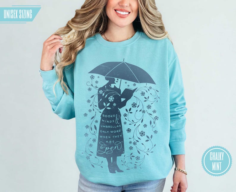 CHALKY MINT (muted aqua green) literary-inspired Comfort Colors® sweatshirt, open-minds design, ideal gift for bookworms, educators, and cozy cottagecore readers