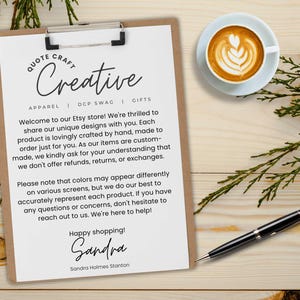 May include: A clipboard with the text "QUOTE CRAFT Creative" and a message about unique designs. A cup of coffee with latte art and a pen are also on the wooden surface.