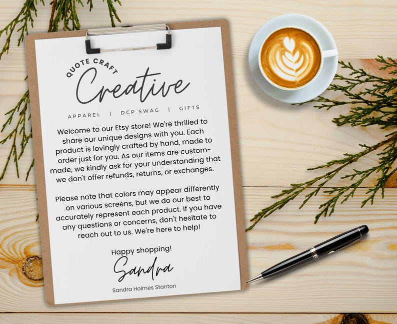 May include: A clipboard with the text "QUOTE CRAFT Creative" and a message about unique designs. A cup of coffee with latte art and a pen are also on the wooden surface.