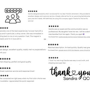 May include: A graphic featuring customer reviews with five-star ratings. The reviews praise the design, quality, and customer service. The text "thank you" is written in cursive, with the name "Sandra QCC" below.