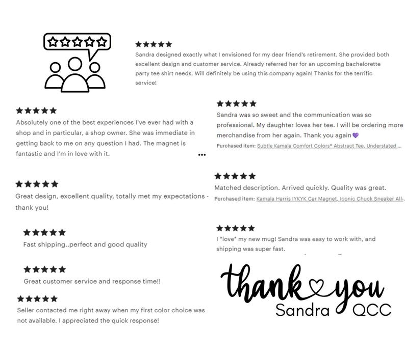 May include: A graphic featuring customer reviews with five-star ratings. The reviews praise the design, quality, and customer service. The text "thank you" is written in cursive, with the name "Sandra QCC" below.