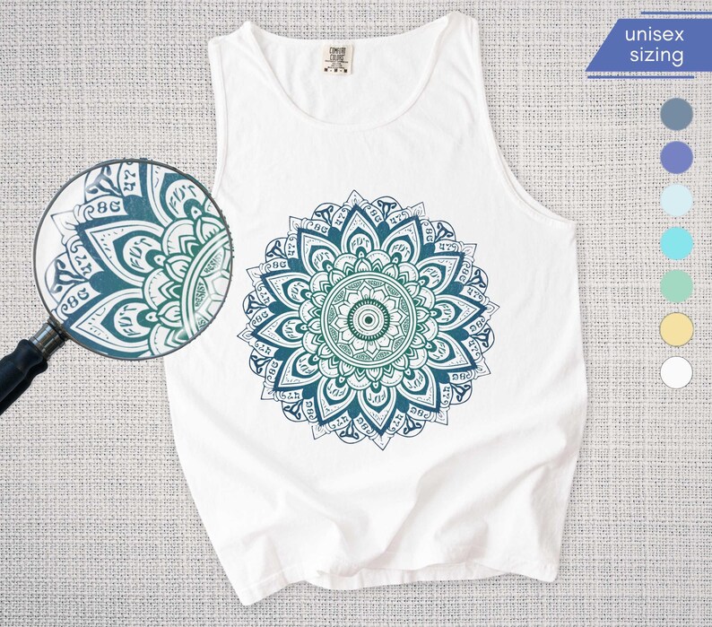 White comfort colors 9360 tank top sleeveless tee with mandala graphic in blues and greens. Mandala contains hidden FDT, 8647, RESIST, and symbols of pro-choice.
