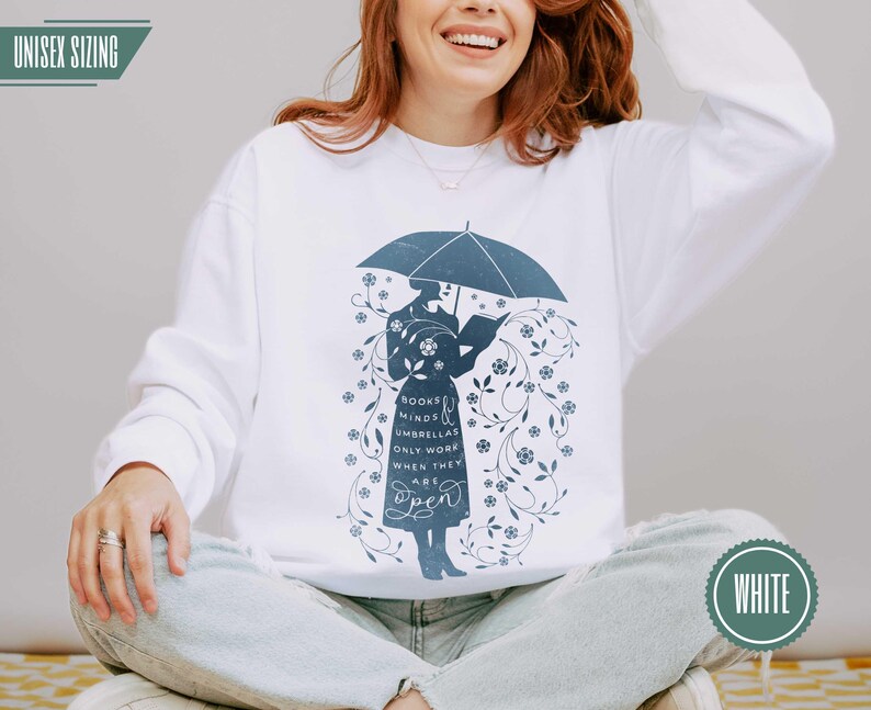 WHITE (classic bright white) unisex Comfort Colors® 1566 sweatshirt with vintage literary silhouette and open minds quote, perfect for teachers and book lovers, cozy winter reading outfit