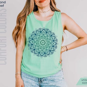 Man and woman in comfort colors 9360 island reef (light greenish aqua) tank top sleeveless tee with mandala graphic in blues and greens. Mandala contains hidden FDT, 8647, RESIST, and symbols of pro-choice.