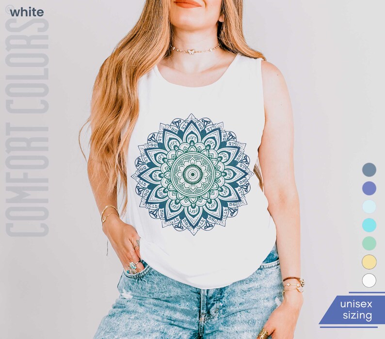 woman in comfort colors 9360 white tank top sleeveless tee with mandala graphic in blues and greens. Mandala contains hidden FDT, 8647, RESIST, and symbols of pro-choice.