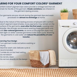 Comfort Colors garment care guide showing a washing machine, woven basket, and plant, with text explaining care instructions. machine wash cold, tumble dry low, do not iron directly on design. do not dry clean.