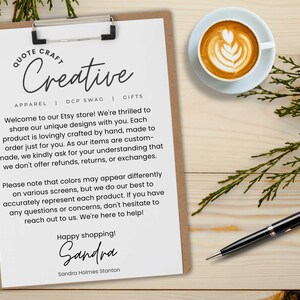 May include: A clipboard with the text "QUOTE CRAFT Creative" and a message about the Etsy store's unique designs. A cup of coffee with latte art and a black pen are also visible. The background is a light wood surface.