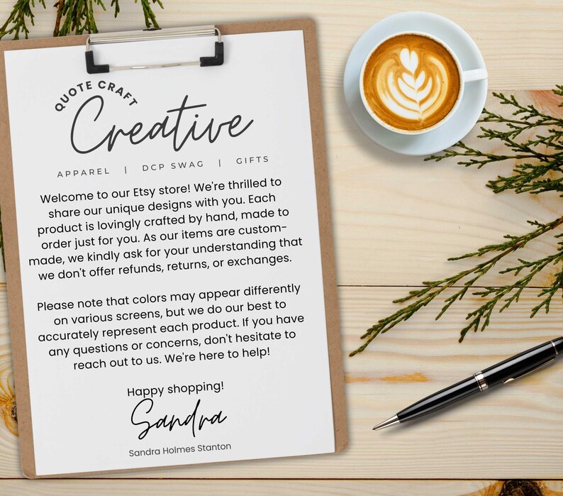 May include: A clipboard with the text "QUOTE CRAFT Creative" and a message about the Etsy store's unique designs. A cup of coffee with latte art and a black pen are also visible. The background is a light wood surface.