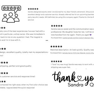 May include: A graphic of customer reviews with star ratings and text. The reviews praise the seller's design, customer service, and fast shipping. The text includes "thank you" and the seller's name, Sandra QCC.