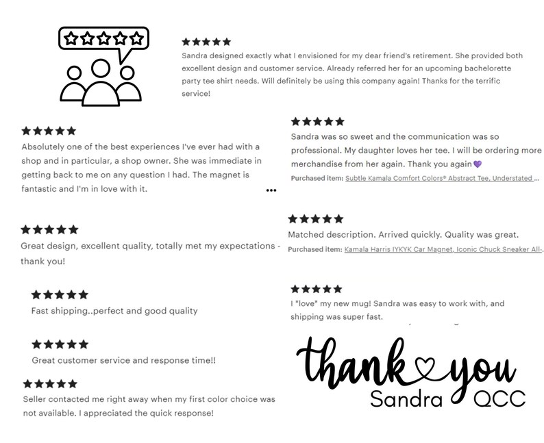 May include: A graphic of customer reviews with star ratings and text. The reviews praise the seller's design, customer service, and fast shipping. The text includes "thank you" and the seller's name, Sandra QCC.