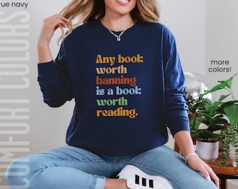 Cualquier libro que valga la pena prohibir Camiseta Comfort Colors®, minimalista, lucha contra la censura, regalo de Librariancore para profesores, lectores ávidos, semana de libros prohibidos