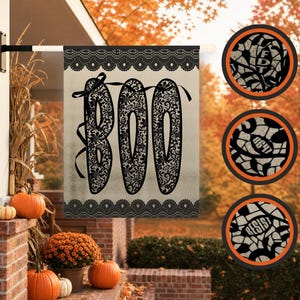 May include: A rectangular garden flag featuring the word BOO in large, black, lace-patterned letters against a beige background. The flag has a black lace-style border at the top and bottom. Three circular insets show close-up details of the lace texture.
