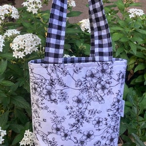 Vintage Floral Gingham Print Tote, gingham bag, plaid tote, black and white mini tote, purse, handmade, minimal bag, daily tote