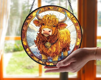 Highland Cow Stained Glass Suncatcher: Farmhouse Window Hanging