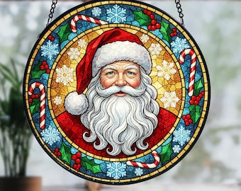 ステンドグラスのサンタサンキャッチャー、クリスマスの窓飾り - Etsy 日本