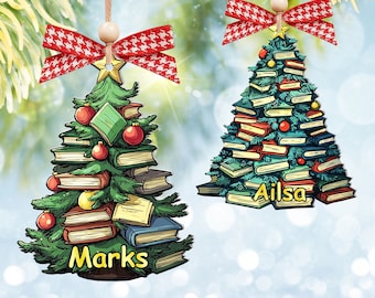 Personalized Book Tree Ornament: Custom Name, Wood or Acrylic