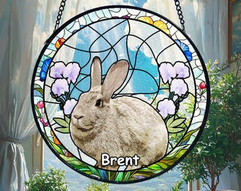 Custom Rabbit Memorial Stained Glass Suncatcher, Bunny Memorial Gift, Pet Memorial Suncatcher, Bunny Remembrance Gift, Rabbit Portrait Gifts