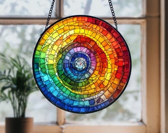 Rainbow Spiral Stained Glass Suncatcher: Handmade Window Art