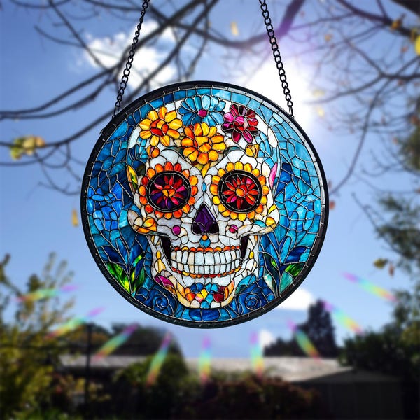 Sugar Skull Stained Glass Suncatcher, Dia de los Muertos Decor