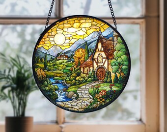 Shire Glasmalerei Suncatcher, Shire Glasfensterbehang, Landschaftsdekor, Shire Landschaftsdekor, Fantasy Home Decor Geschenke, inspirierte Geschenke