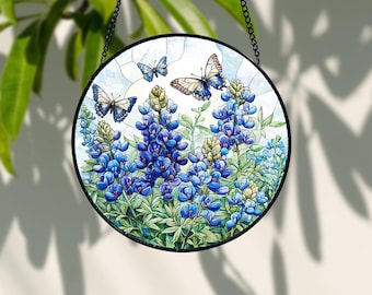 Texas Bluebonnet Stained Glass Window Hanging: Wildflower Art