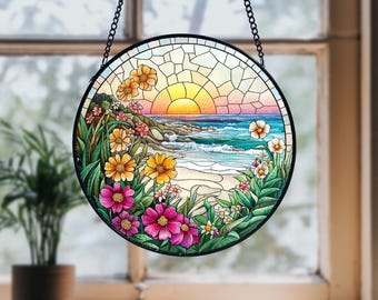 ヤシの木が描かれたトロピカルな夕日のステンドグラスパネル（窓や壁の