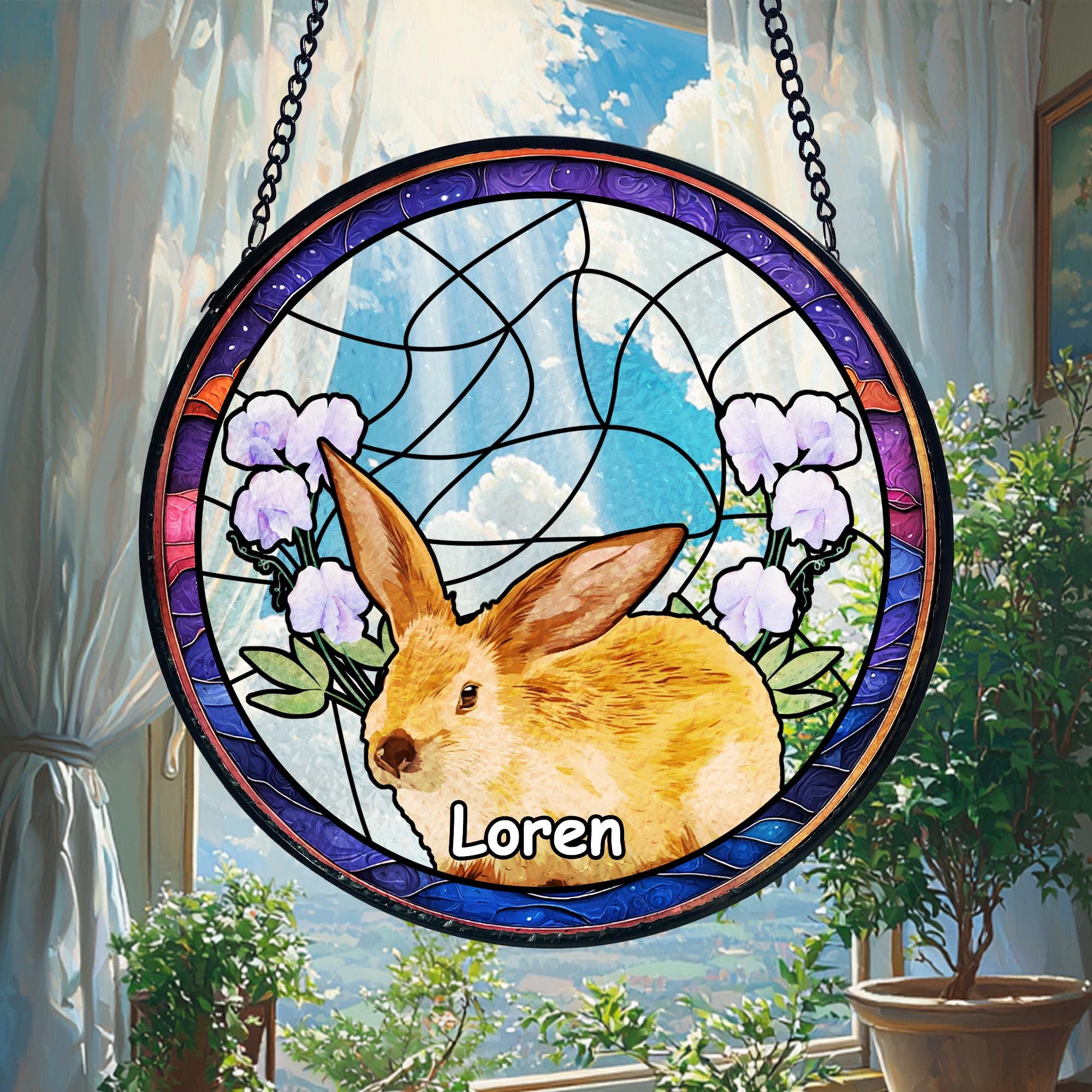 Personalized Rabbit Photo Stained Glass Suncatcher, Bunny Memorial Gift, Pet Memorial Gift, Pet Loss Sympathy Gift, Rabbit Lover Gifts