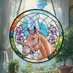Custom Horse Portrait from Photo Suncatcher, Pet Sun Catcher Memorial Stained Glass Pet Memorial, Personalized Pet Portrait Horse Lover Gift