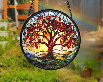 Acchiappasole in vetro colorato raffigurante l'albero della vita fatto a mano: decorazione per finestre ispirata alla natura