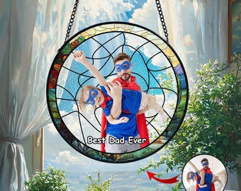 Personalized Dad Photo Stained Glass Suncatcher, Father's Day Gift