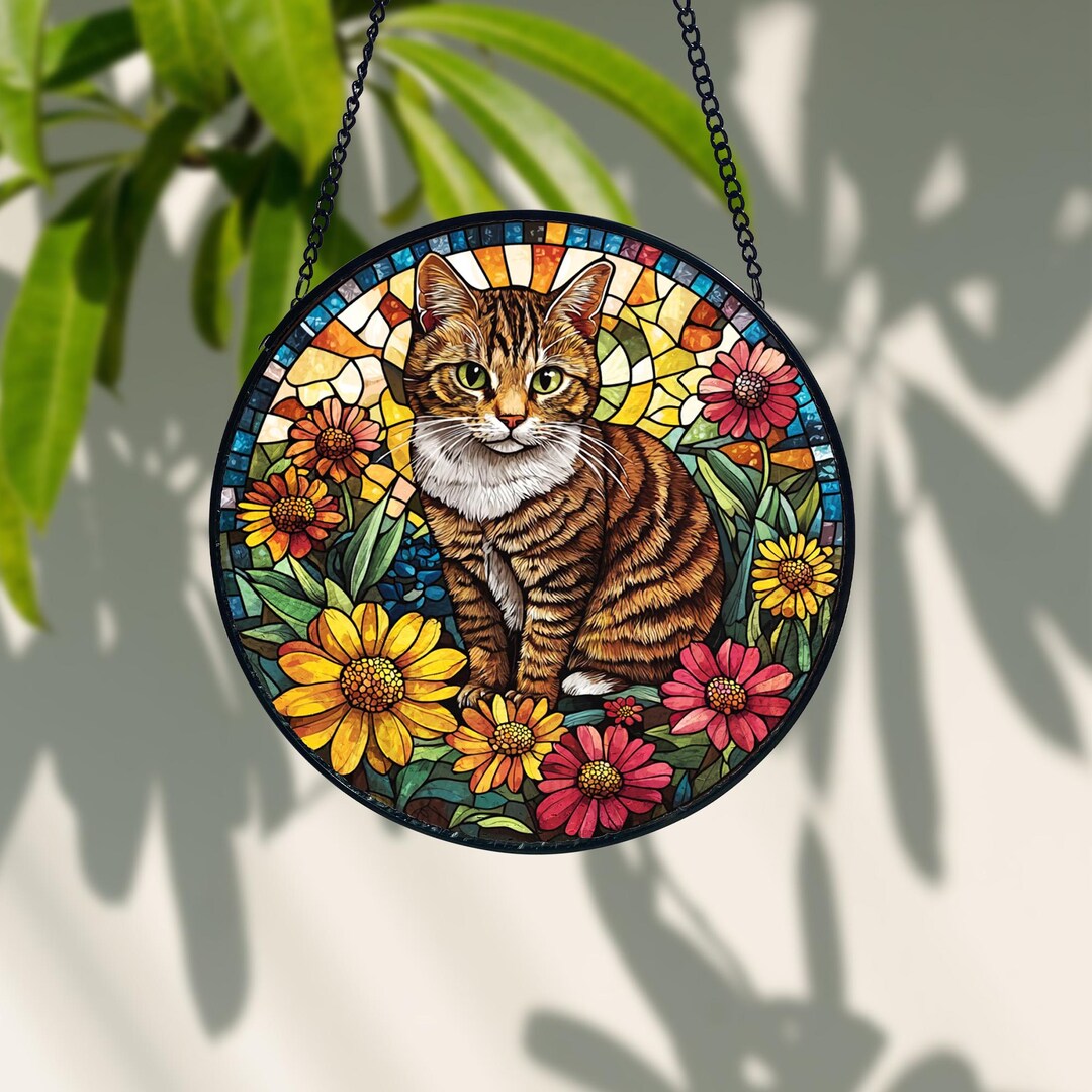 Tabby Cat Stained Glass Suncatcher: Floral Window Hanging - Etsy