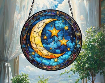 Moon and Star Stained Glass Suncatcher: Celestial Window Hanging