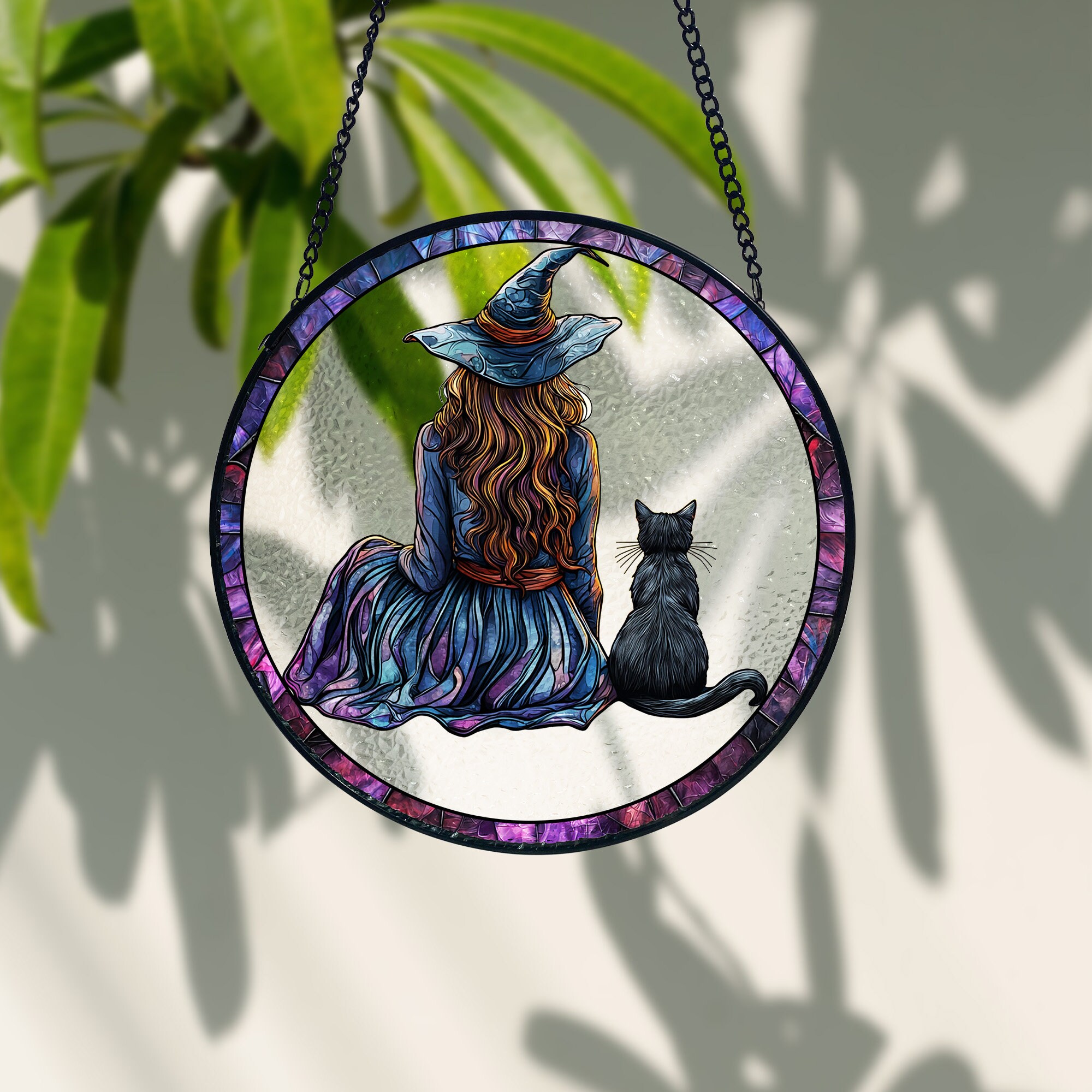 Witch & Black Cat Stained Glass Window Hanging - Halloween Decor - Etsy