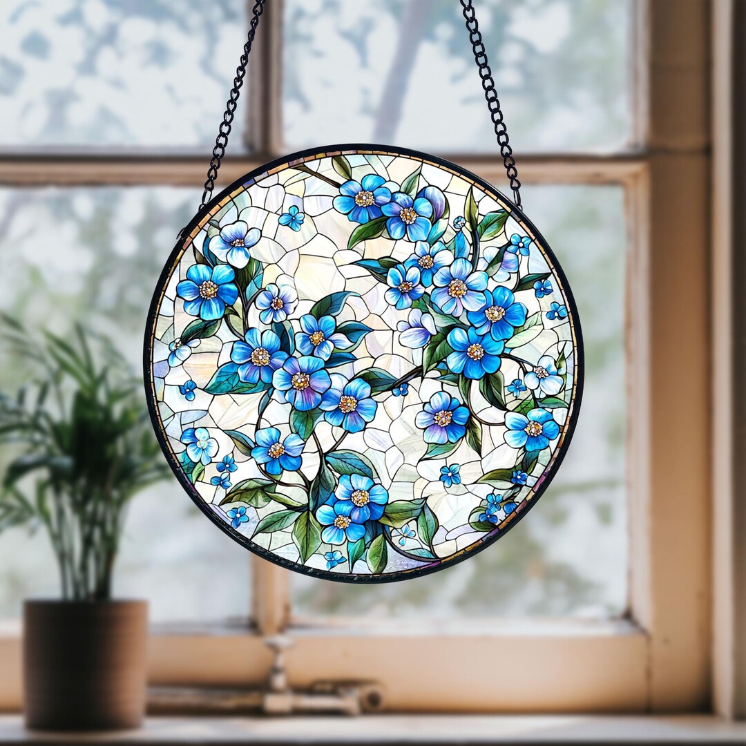 忘れな草のステンドグラスのサンキャッチャー：手作りの花の窓飾り