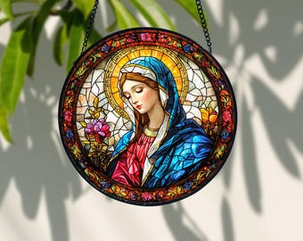 Virgin Mary Stained Glass Suncatcher: Christian Home Decor
