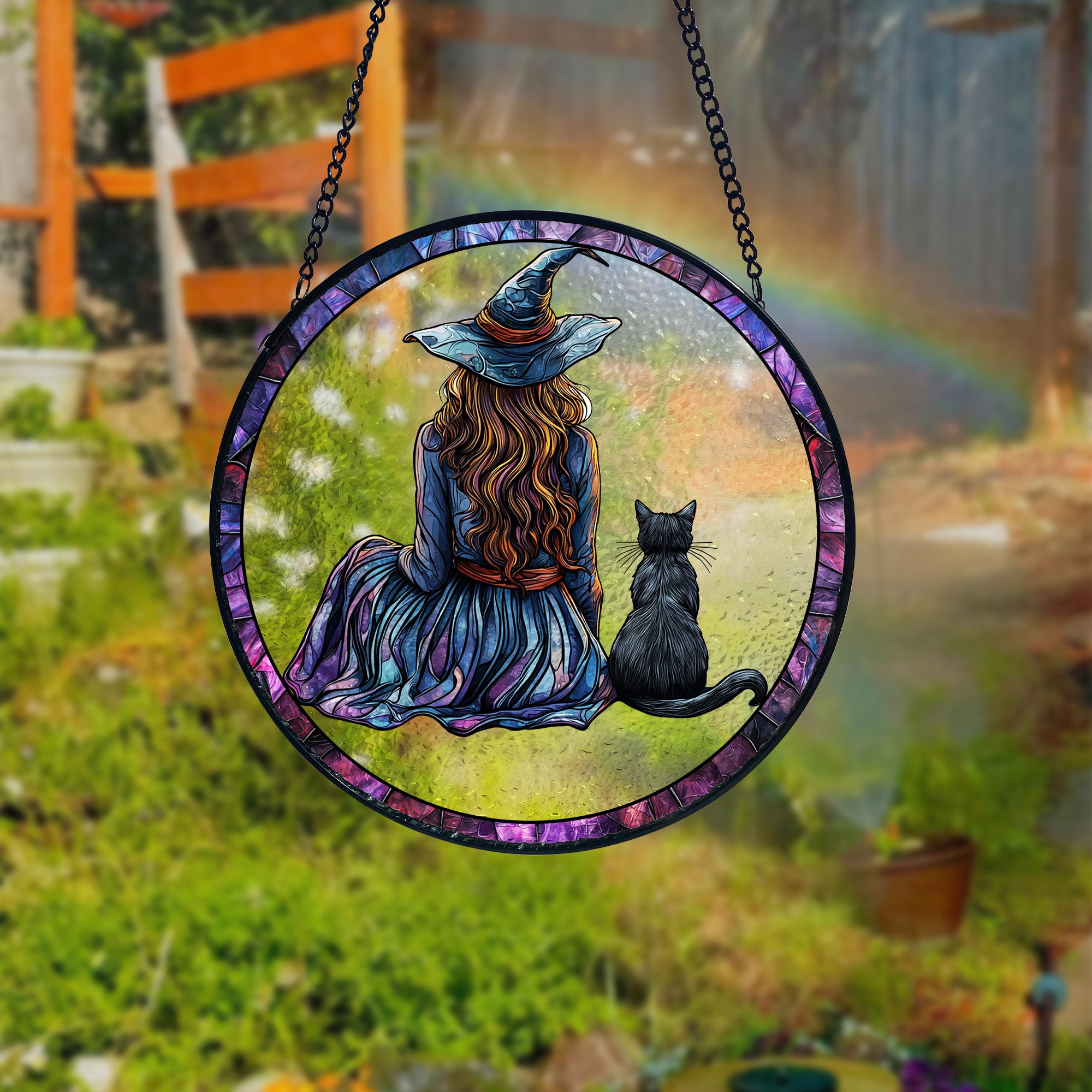 Witch & Black Cat Stained Glass Window Hanging - Halloween Decor - Etsy