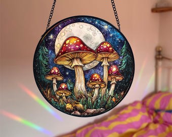 Atrapasol de vitral con forma de hongo: arte para colgar en la ventana con estilo cottagecore