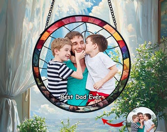 Personalized Dad Photo Stained Glass Suncatcher, Father's Day Gift
