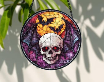 Gothic Bat and Skull Stained Glass Suncatcher, Halloween Window Hanging