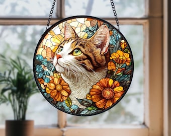 ステンドグラスの黒猫の花のサンキャッチャー、トラ猫のステンドグラス