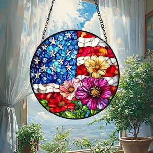 American Flag Stained Glass Suncatcher, American Flag Flower Window Hanging, Home Ornament, Independence Day 4th Gifts, Patriotic Gifts