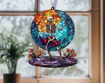 Dancing Skeletons Acrylic Window Hanging, Gothic Stained Glass Style, Halloween Decor