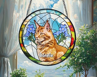 Custom Pet Portrait Stained Glass Suncatcher, Stained Glass Cat Memorial, Custom Cat Portrait from Photo, Sympathy Gifts, Stained glass Cat