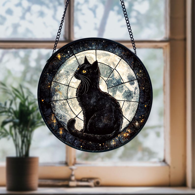 Black Cat with Moon Stained Glass Suncatcher, Black Cat on Moon Sun Catcher For Cat Moms, Cat Glass Window Hanging Gifts, Gift For Cat Lover