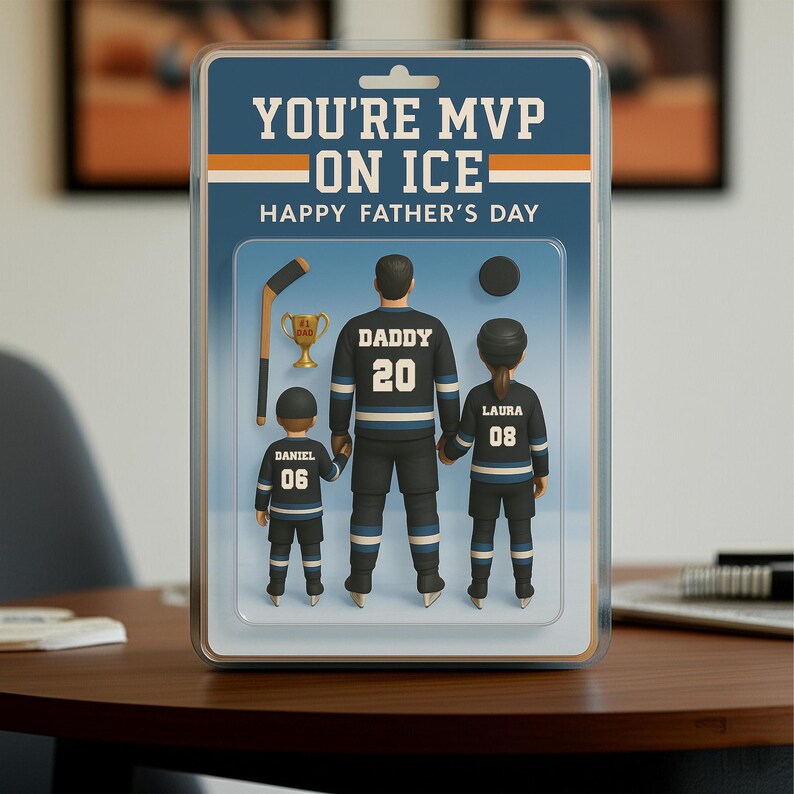 Custom Ice Hockey Dad and Kids Action Figure Plaque, Father's Day Gifts for Hockey Lover, Gifts for Daddy,  Ice Rink Themed Keepsake for Dad