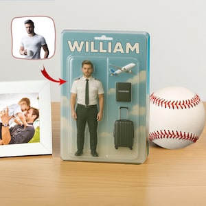 Puede incluir: Figura de piloto con uniforme, empaquetada en un blíster azul con la etiqueta "WILLIAM". El paquete incluye un avión en miniatura, un pasaporte y una maleta con ruedas. A la derecha hay una pelota de béisbol.