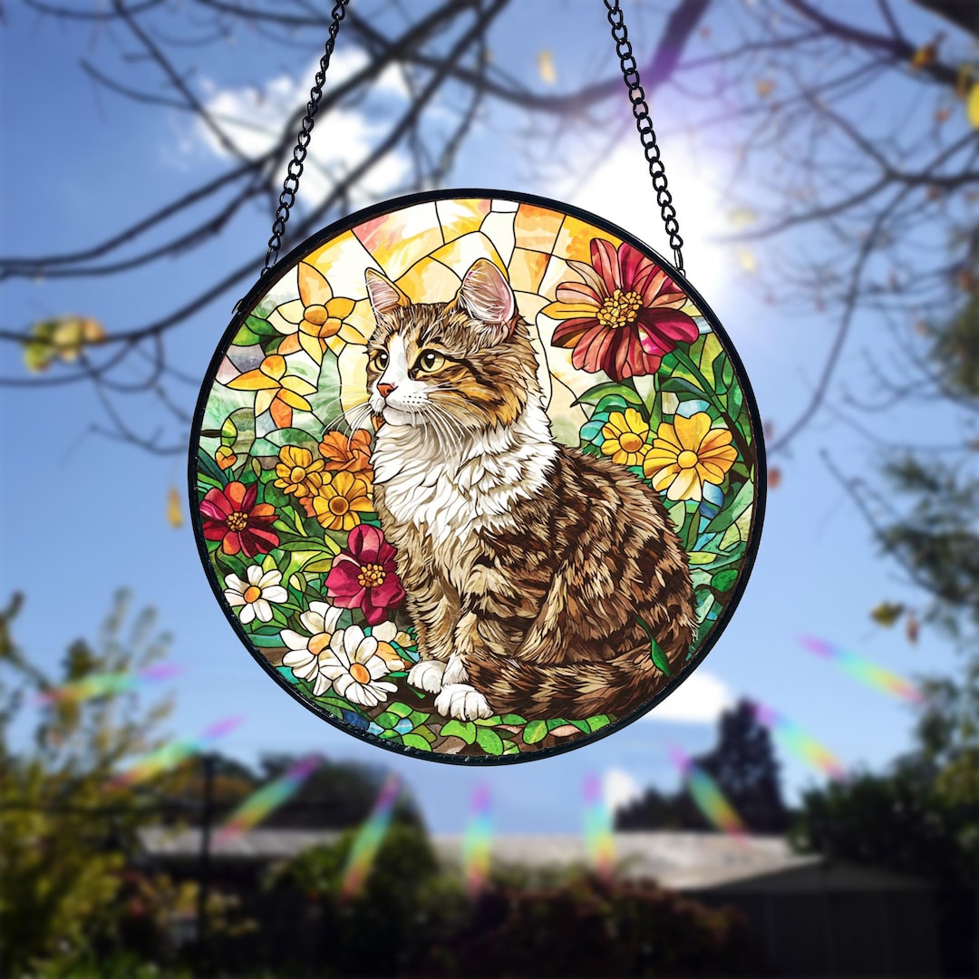Tabby Cat Stained Glass Suncatcher: Handmade Feline Window Decor - Etsy